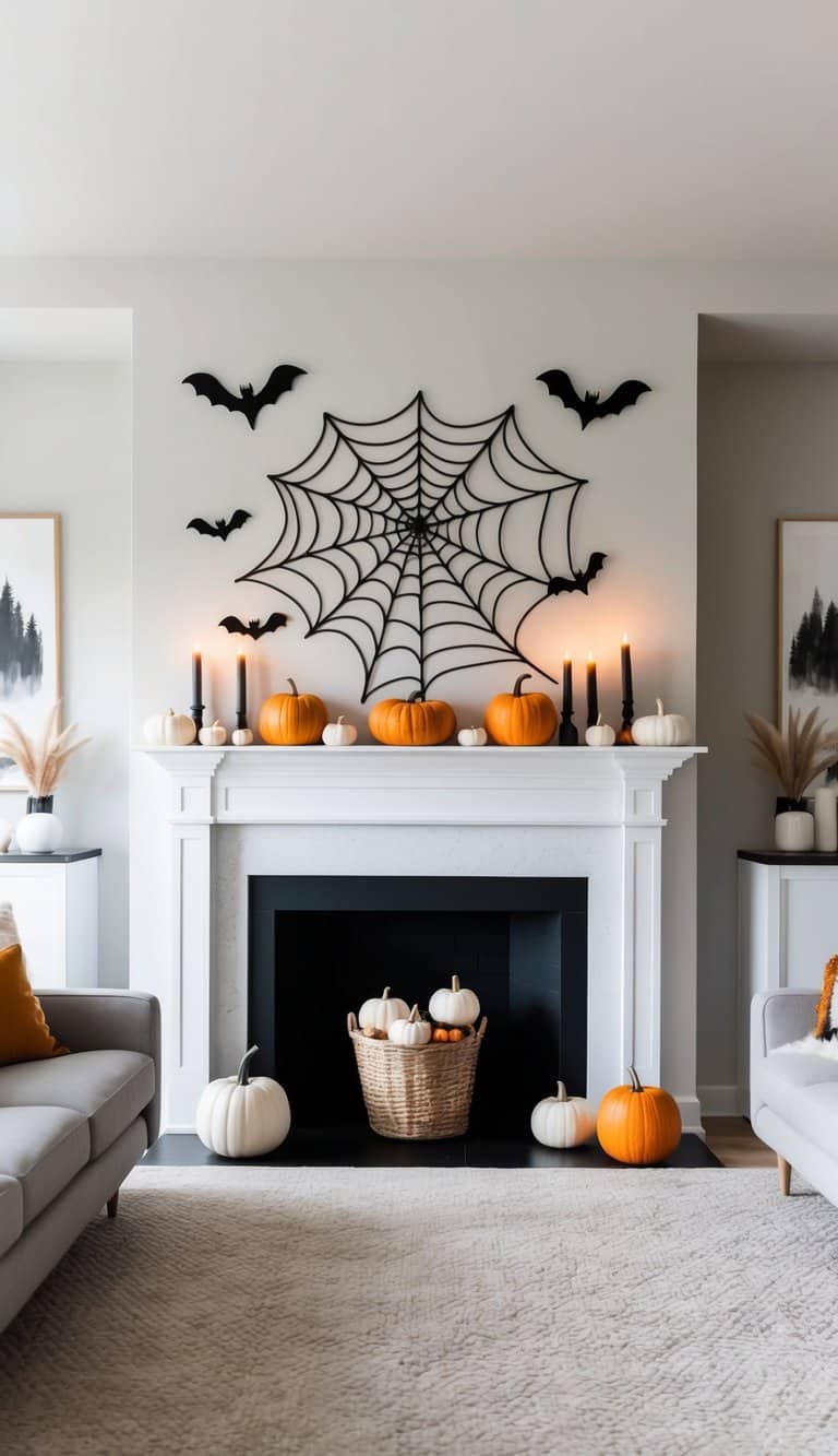 A mantel adorned with eerie Halloween decor, including pumpkins, candles, bats, and spider webs