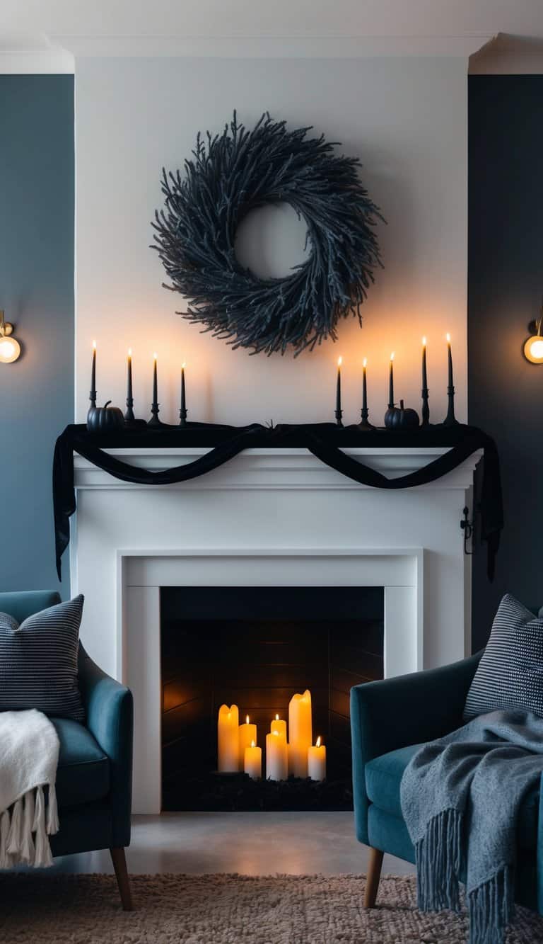 A ghostly wreath hovers above a dark, eerie mantel adorned with creepy decor and flickering candles