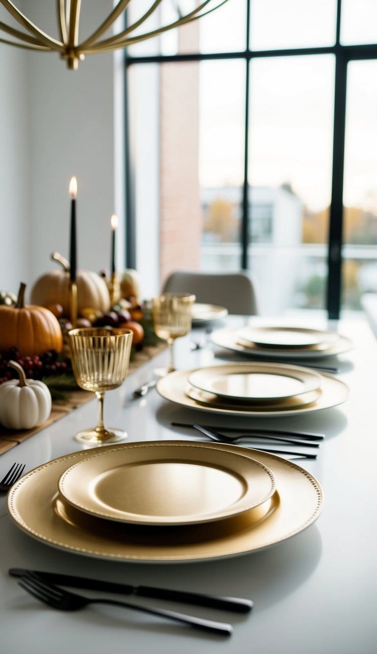 Gold-rimmed dinner plates arranged on a sleek, minimalist table with modern Thanksgiving decor