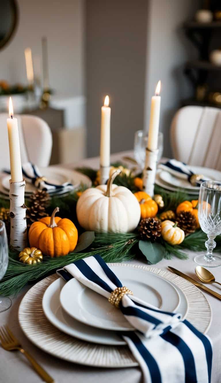 A modern Thanksgiving tablescape with birch softly striped napkins and elegant tableware