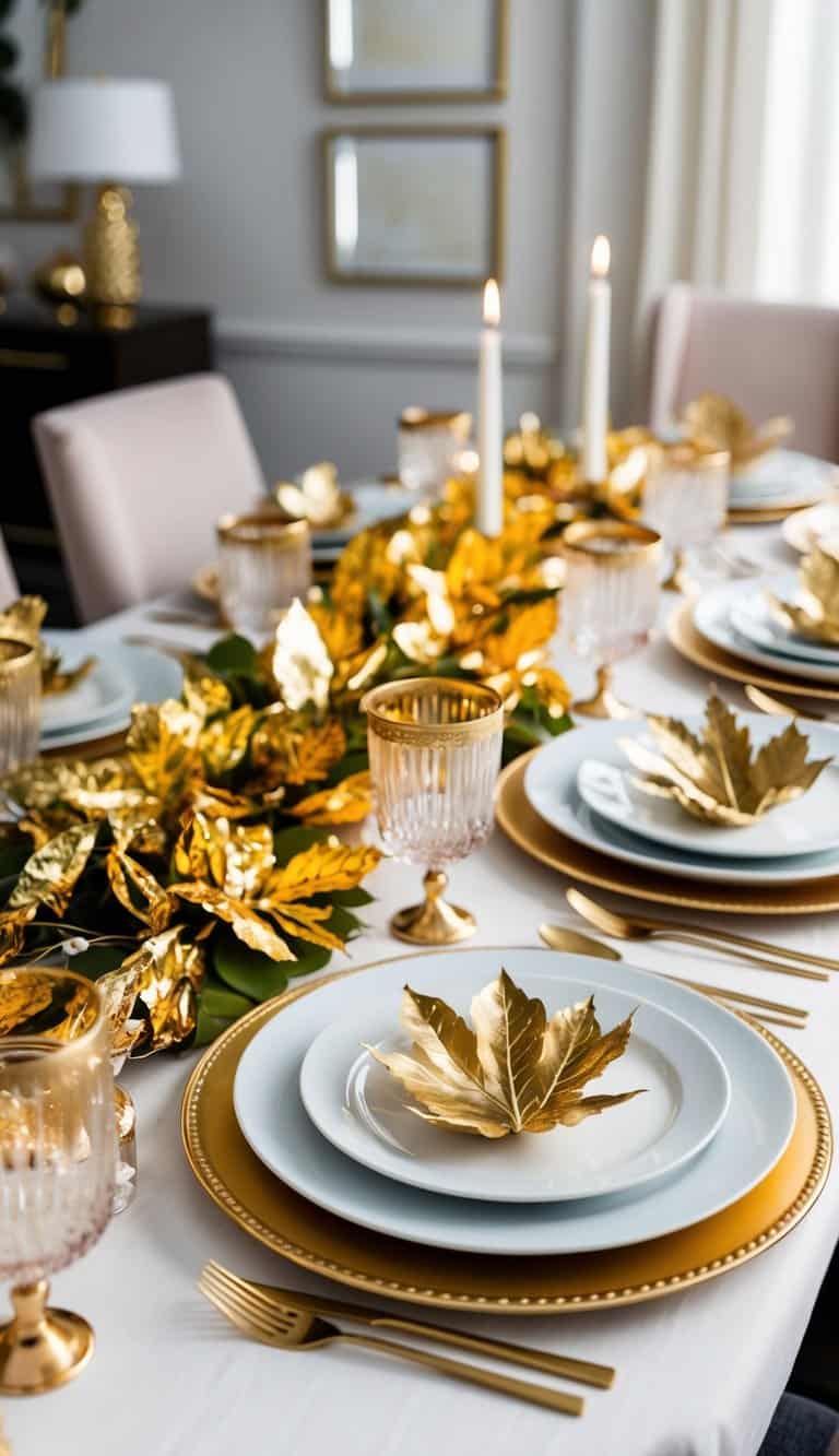 A modern Thanksgiving table adorned with a gold foil leaf garland, set with elegant dinnerware and surrounded by chic decor