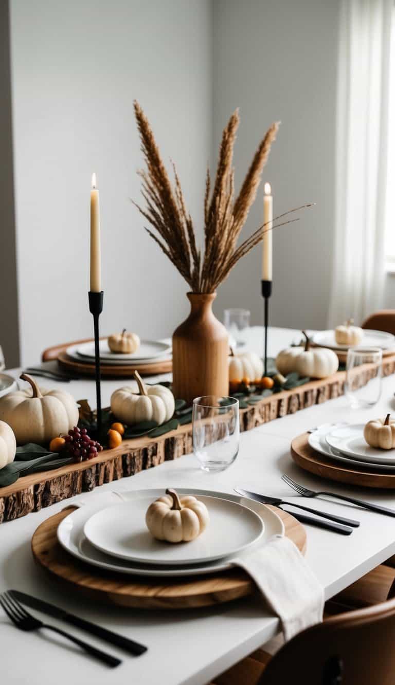 A dining table elegantly set with white plates on wooden chargers, small white pumpkins as decoration, and tall candles in black holders. A centerpiece features a vase with dried grasses and additional small pumpkins and berries, all arranged on a wooden slab.