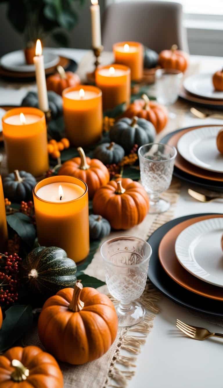 A modern Thanksgiving tablescape adorned with pumpkin spice soy candles