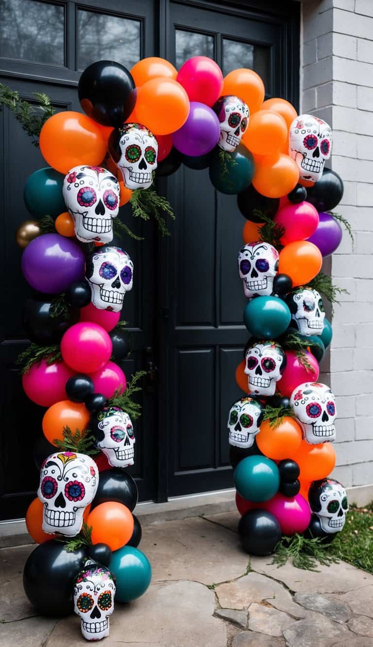 A spooky Halloween balloon arch adorned with Day of the Dead vibes, featuring vibrant colors and intricate skull designs