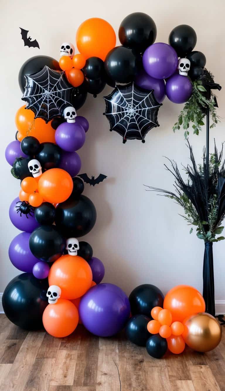 A creepy Halloween balloon arch with black, orange, and purple balloons, adorned with spider webs, bats, and skulls