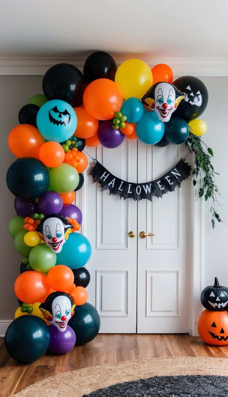 A colorful Halloween balloon arch featuring a mix of spooky and playful clown motifs, creating a festive and whimsical atmosphere