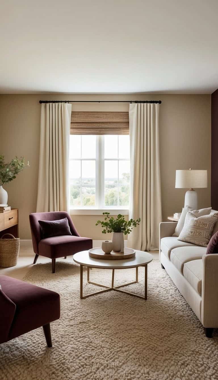 Stylish living room featuring a beige sofa, burgundy armchairs, a round coffee table with decorative vases, and a large window with cream curtains and a woven shade.