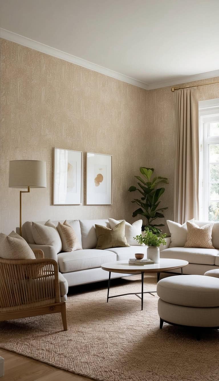 A cozy living room with a beige color palette featuring a sectional sofa with multiple throw pillows, a round coffee table, and a potted plant near the window. The room has light-colored walls with abstract art prints, a floor lamp, and a textured area rug.