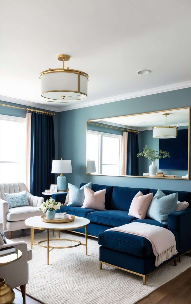 A stylish living room with a blue velvet sectional sofa adorned with pastel pillows, a round white coffee table, and a beige armchair. The walls are painted in a soft blue, complemented by navy curtains and a large gold-framed mirror. A circular gold and white ceiling light fixture is centered above a light-colored area rug.