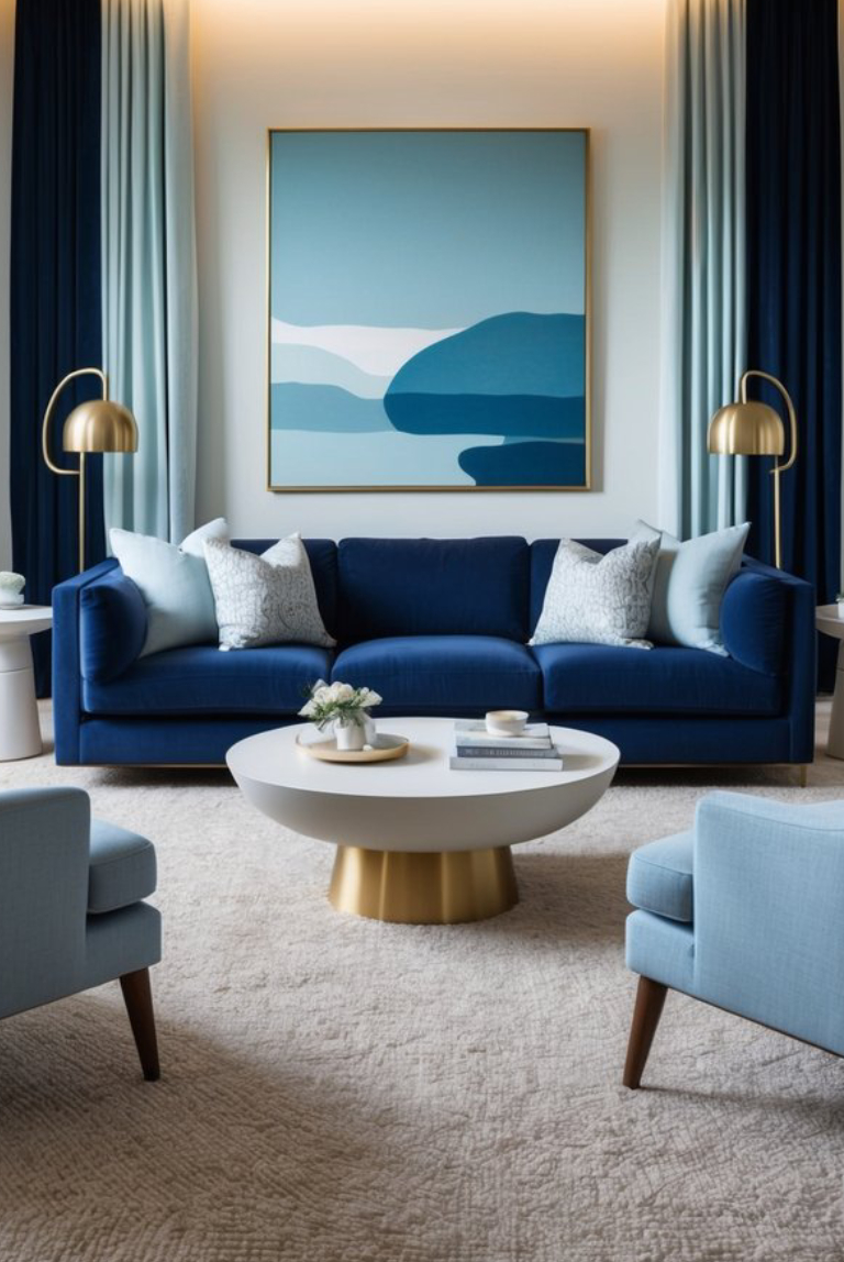 A modern living room with a blue sofa, light blue armchairs, and a round white coffee table with a gold base on a light rug. The room features a large blue abstract painting on the wall and gold floor lamps on either side of the sofa.