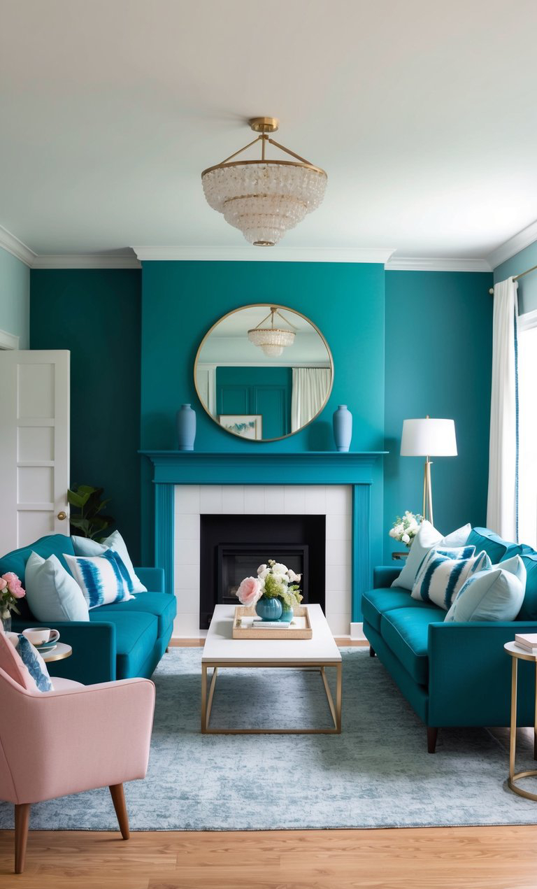 A stylish living room with teal walls and matching sofas, featuring a decorative fireplace, a round mirror, and a chandelier. A light pink armchair adds contrast, and a white coffee table with floral arrangements sits on a light blue rug.