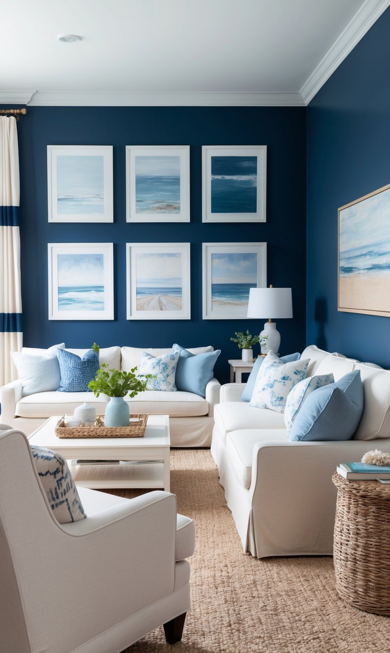 A cozy living room with deep blue walls, adorned with six framed ocean-themed paintings. The room features white sofas and a chair with blue accent pillows, a woven rug, a wicker side table, and a white coffee table with decorative items. A table lamp and plants add warmth to the decor.