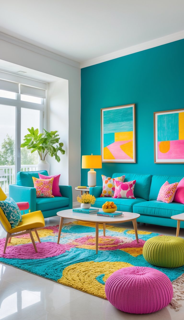 A vibrant living room with a teal accent wall featuring abstract art, a turquoise sofa with colorful pillows, a yellow armchair, and a multicolored rug. A potted plant is near a large window, and a coffee table with yellow flowers adds to the bright decor.