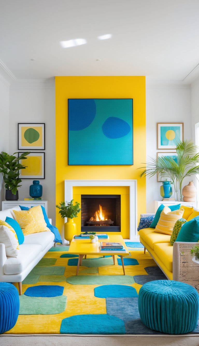 A vibrant living room featuring a bright yellow accent wall with a fireplace in the center, flanked by two modern couches in white and yellow. A colorful rug with blue and green geometric shapes covers the floor. The room is adorned with abstract artwork and lush green plants, creating a lively, artistic atmosphere.
