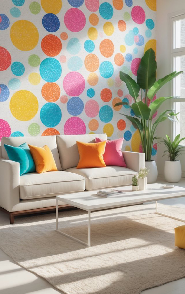 A colorful living room features a white sofa with orange, turquoise, and pink cushions, a white coffee table, a beige rug, and a vibrant wall with multi-colored dot patterns. A tall green plant in a white pot stands beside the sofa, near large windows letting in natural light.