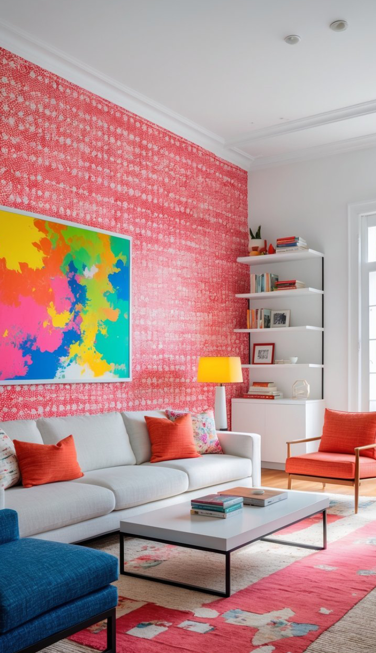 A colorful living room with a white couch adorned with red cushions, a red patterned wall featuring a vibrant abstract painting, a white and black coffee table with books, a red armchair, and shelves with books on the right side.