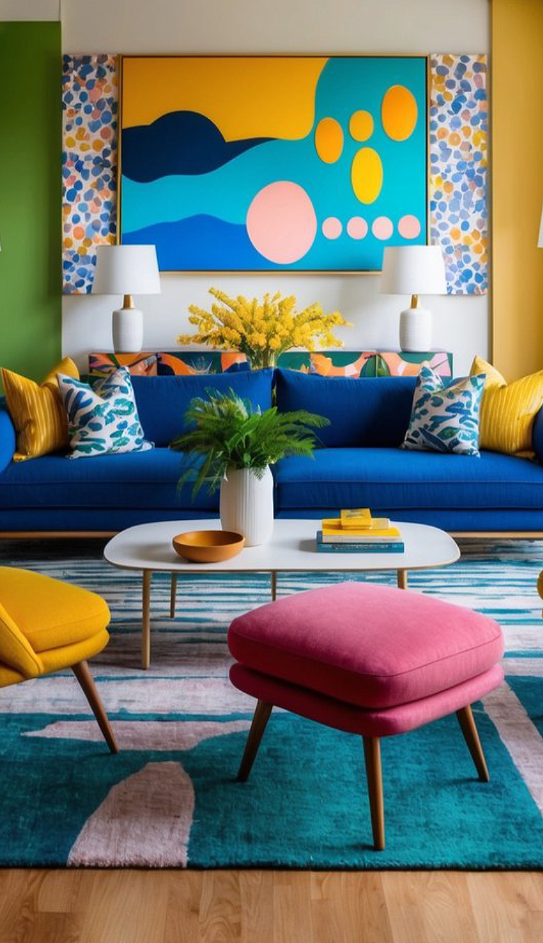 A vibrant living room featuring a blue sofa with colorful patterned pillows, a white coffee table with potted plants, and a pink ottoman. The room is accented with a bold abstract painting and bright yellow and green walls. The decor includes yellow flowers and white lamps, all set against a large, artistic area rug.