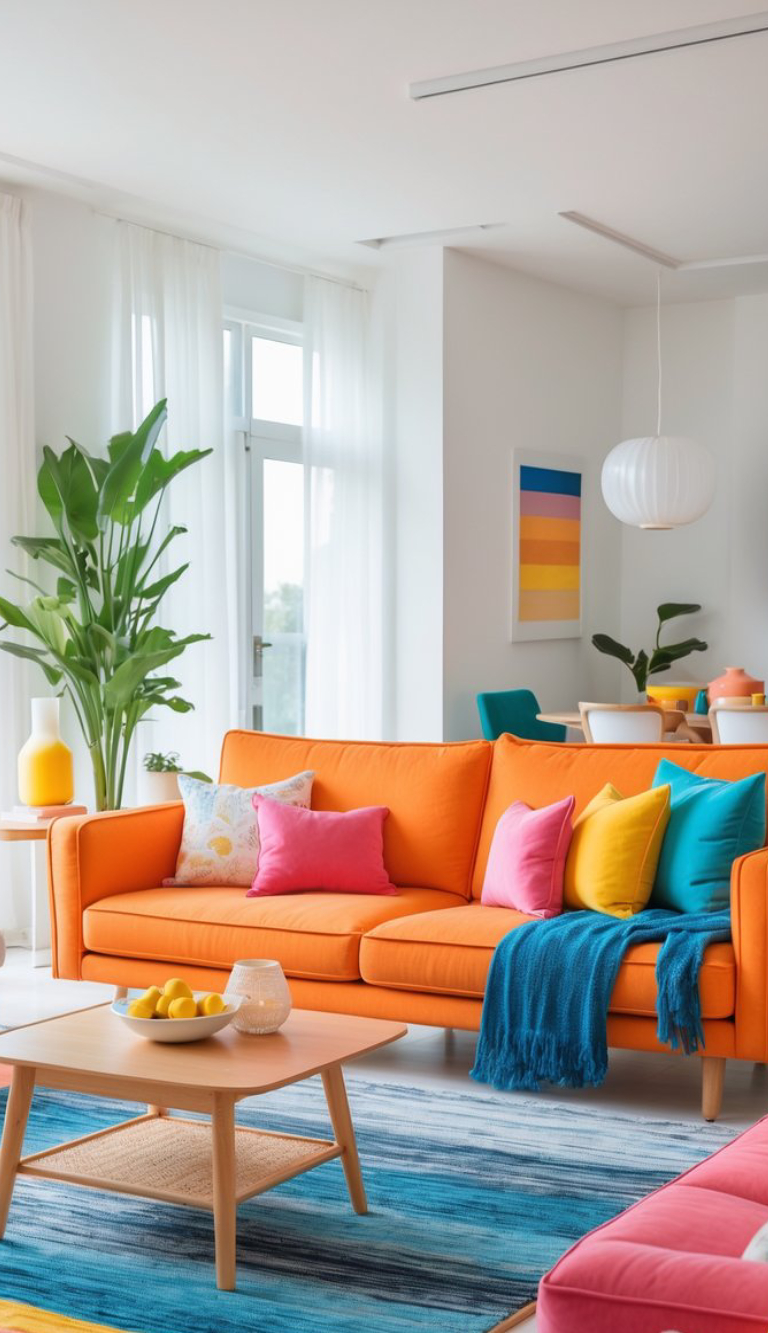 Brightly decorated living room with an orange sofa featuring multicolored cushions, a wooden coffee table with lemons, and a large potted plant in the corner; a blue-striped rug covers the floor, and a colorful artwork and pendant light are visible in the background.