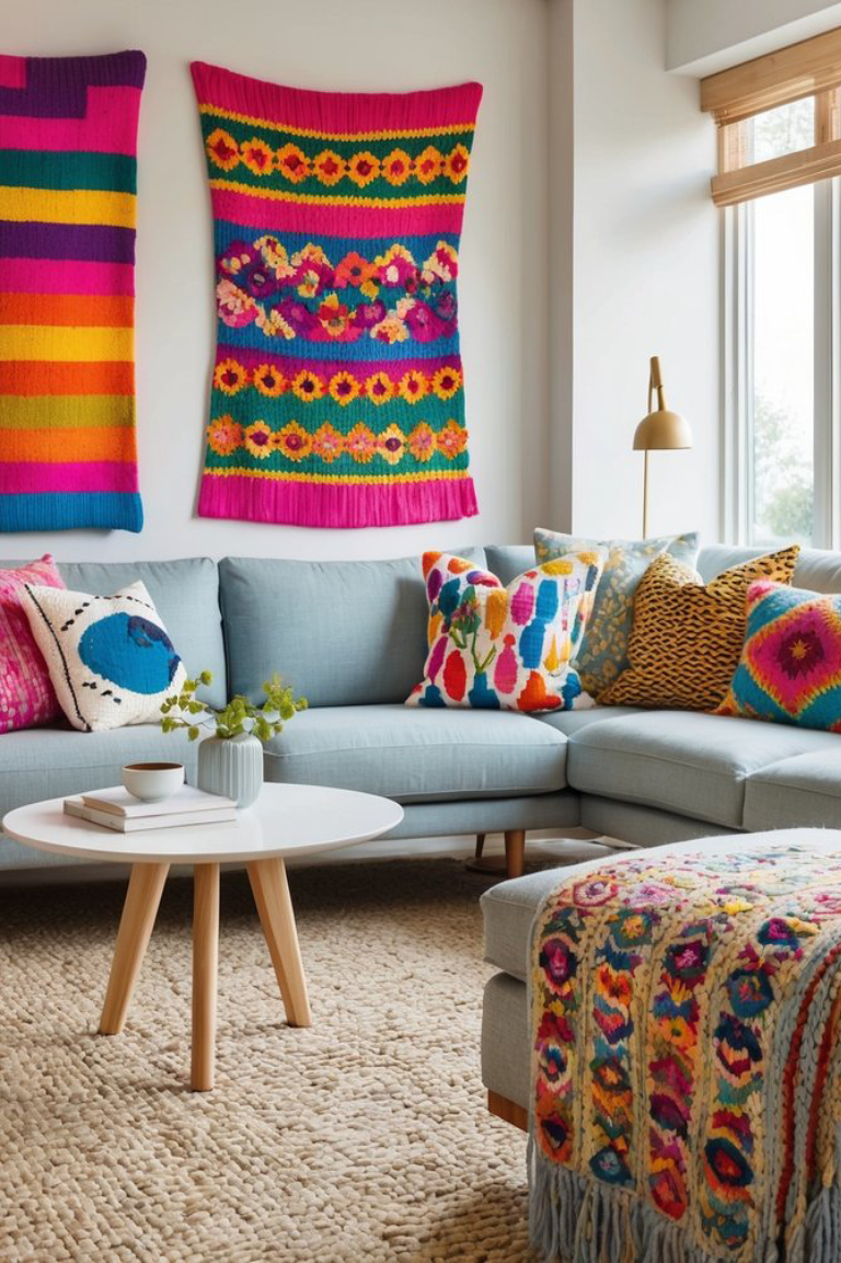 A bright and colorful living room featuring a light blue sectional sofa adorned with vibrant, patterned throw pillows. Two colorful tapestries hang on the wall above the sofa, and a knitted throw with a similar design is draped over the sofa. A round white coffee table with wooden legs holds books and a small vase with greenery. A woven rug covers the floor, and a floor lamp with a golden shade stands next to the sofa near a large window.
