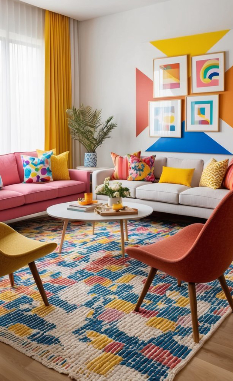 A vibrant living room featuring a pink and a light gray sofa with colorful patterned pillows, a round white coffee table, yellow and orange chairs, and a multicolored geometric rug. The room is decorated with modern framed art on the wall and accentuated by bright yellow curtains and a green plant.