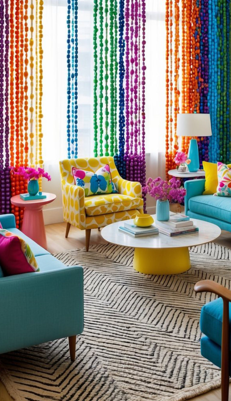 A vibrant, colorful living room featuring a yellow polka-dotted armchair with a multicolored cushion, and teal sofas adorned with colorful pillows. The space includes a pink side table, a round white coffee table with a yellow base, and an array of pink flowers in vases. The background is decorated with hanging beads in rainbow colors, and the floor is covered with a black and white patterned rug.