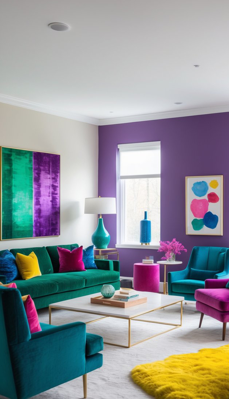 A vibrant living room with a mix of rich colors including teal, purple, and pink. The room features a teal velvet sofa adorned with colorful cushions, a purple accent chair, and a modern white coffee table with gold legs. A teal lamp and abstract artwork on the walls add to the colorful decor. The room has a large window and a bright yellow shag carpet.