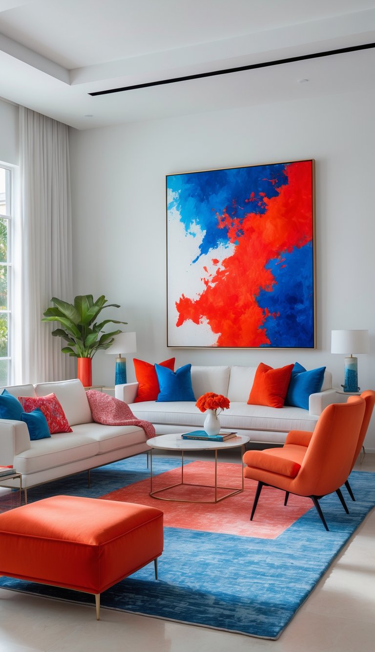 A modern living room with vibrant decor, featuring a large abstract painting in red and blue above a white sofa accented with red and blue pillows. The room includes an orange armchair and ottoman, a round glass coffee table, and a multicolored rug matching the painting. A large plant in a red pot and white floor lamps complete the setting.
