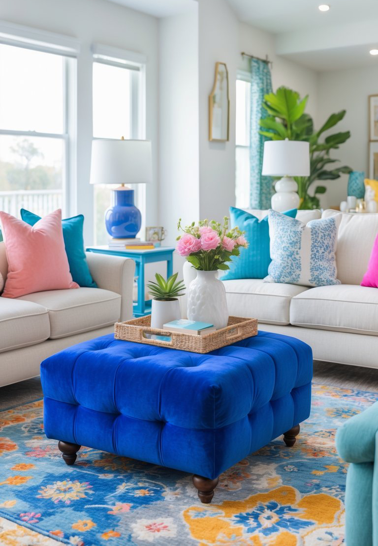 A bright living room featuring a blue velvet ottoman with a wicker tray on top, holding a vase of pink flowers, books, and a small plant. The room includes white sofas with colorful cushions and is complemented by a floral-patterned rug and a blue table with a lamp.