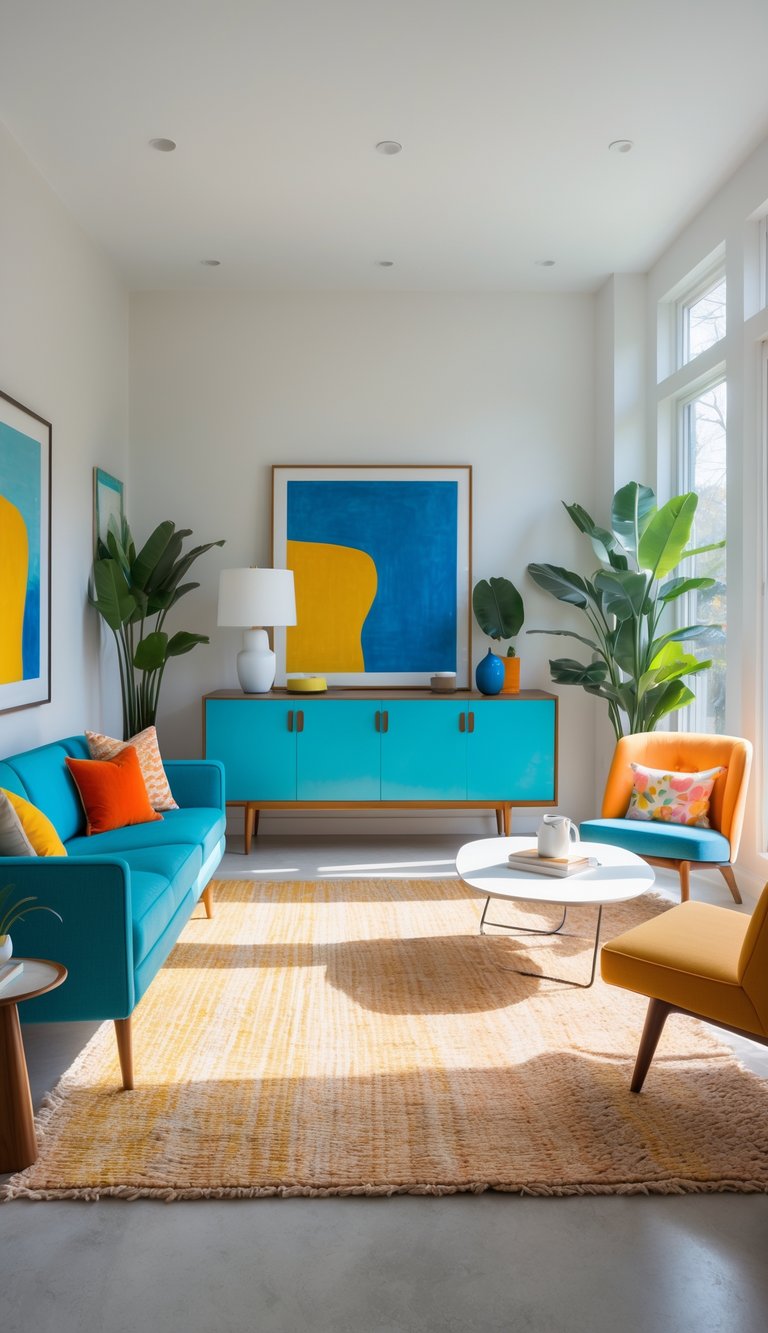 A modern living room with a turquoise sofa and matching sideboard, a circular coffee table on a yellow rug, and two potted plants by large windows. Colorful abstract paintings decorate the white walls.