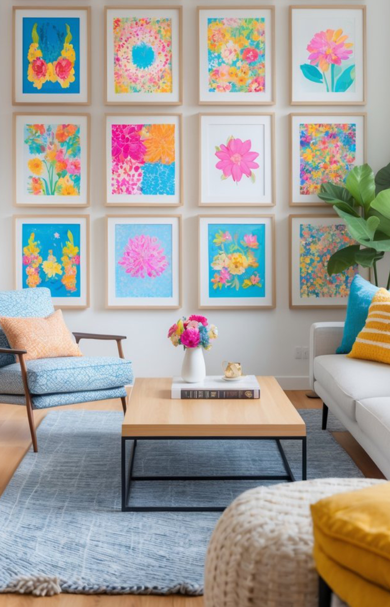A living room with a wall adorned with twelve colorful floral artworks in wooden frames. The room features a blue patterned chair, a gray couch with colorful cushions, a light brown coffee table with books and a vase of flowers, and is accented with a large green plant in the corner.