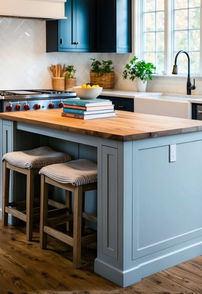 A modern kitchen with a blue island featuring a wooden countertop, two striped barstools, a stack of cookbooks, and a bowl of lemons. The background includes a stove with red knobs, dark cabinetry, a farmhouse sink, and potted plants by a window.