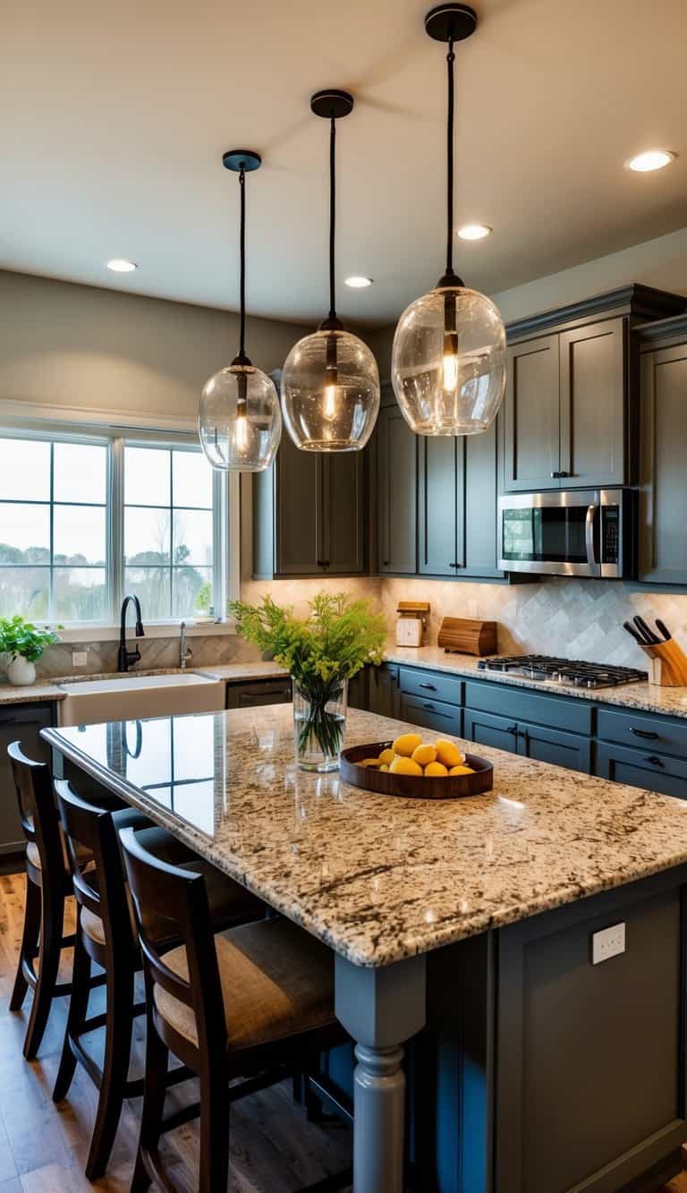 Modern kitchen with a large granite island featuring decorative pendant lights, a vase of flowers, and a bowl of lemons. The room has dark cabinetry, a farmhouse sink, stainless steel appliances, and a window with a view of trees.