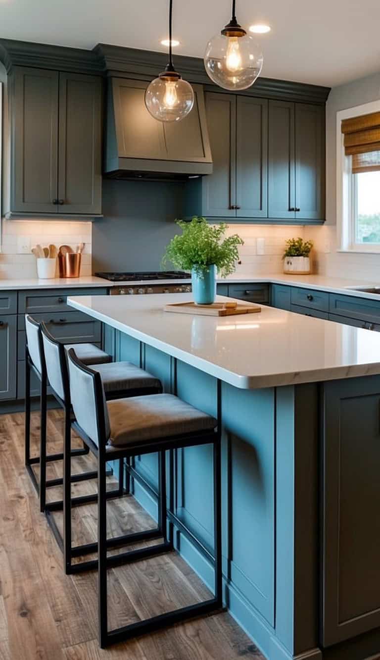 A modern kitchen with teal cabinets, a white countertop island, and pendant lighting. Three barstools with metal frames and cushioned seats are positioned at the island, which is decorated with a potted plant. The space features hardwood flooring and a large window with a wooden shade.