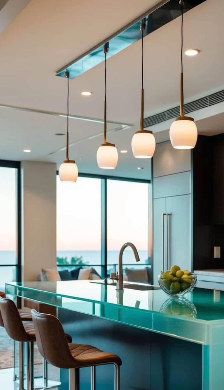Modern kitchen with a turquoise glass countertop, pendant lights hanging above, leather barstools, and a bowl of green apples, with large windows offering an ocean view in the background.