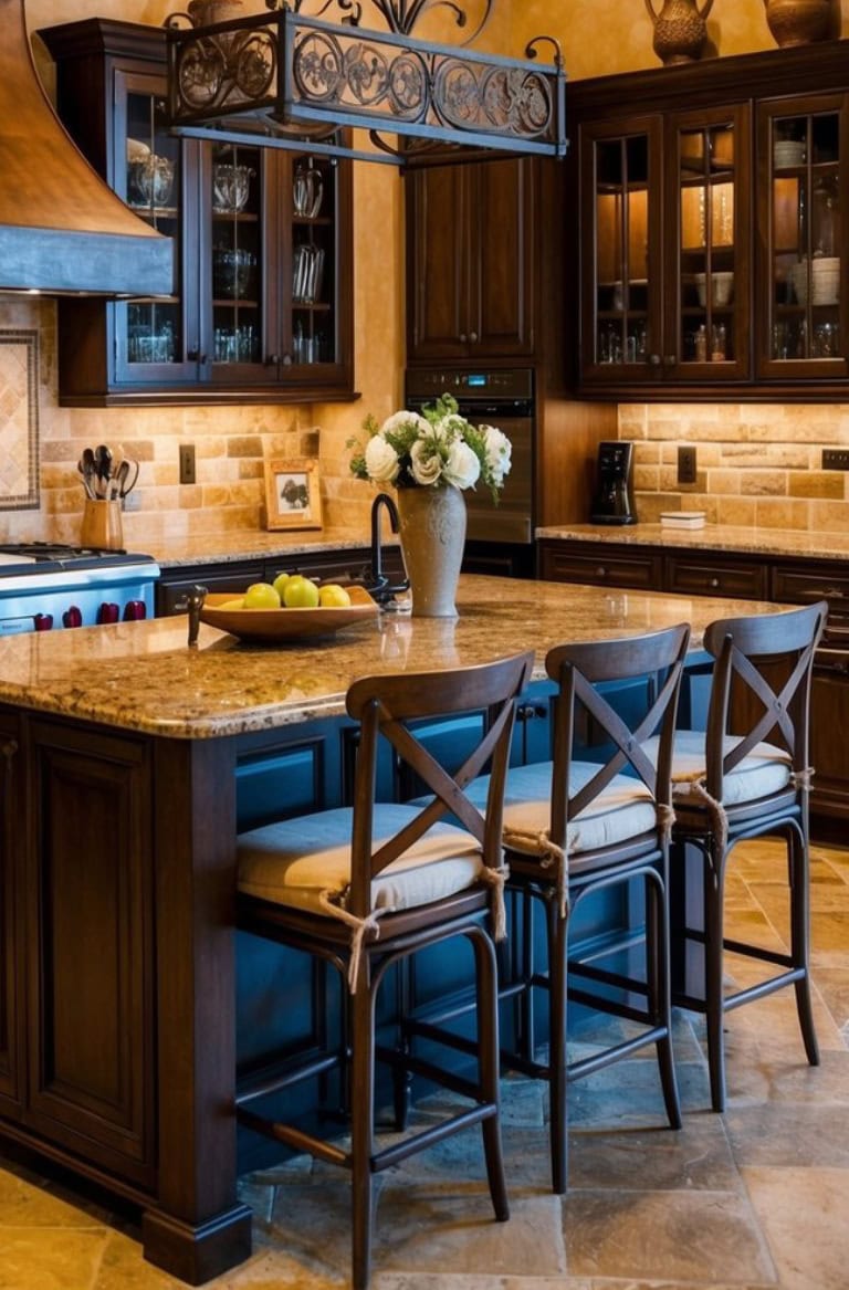 A luxurious kitchen with dark wood cabinets, a large island with a granite countertop, and three cushioned chairs. The island is decorated with a vase of white flowers and a fruit tray. The kitchen also features stainless steel appliances and under-cabinet lighting.