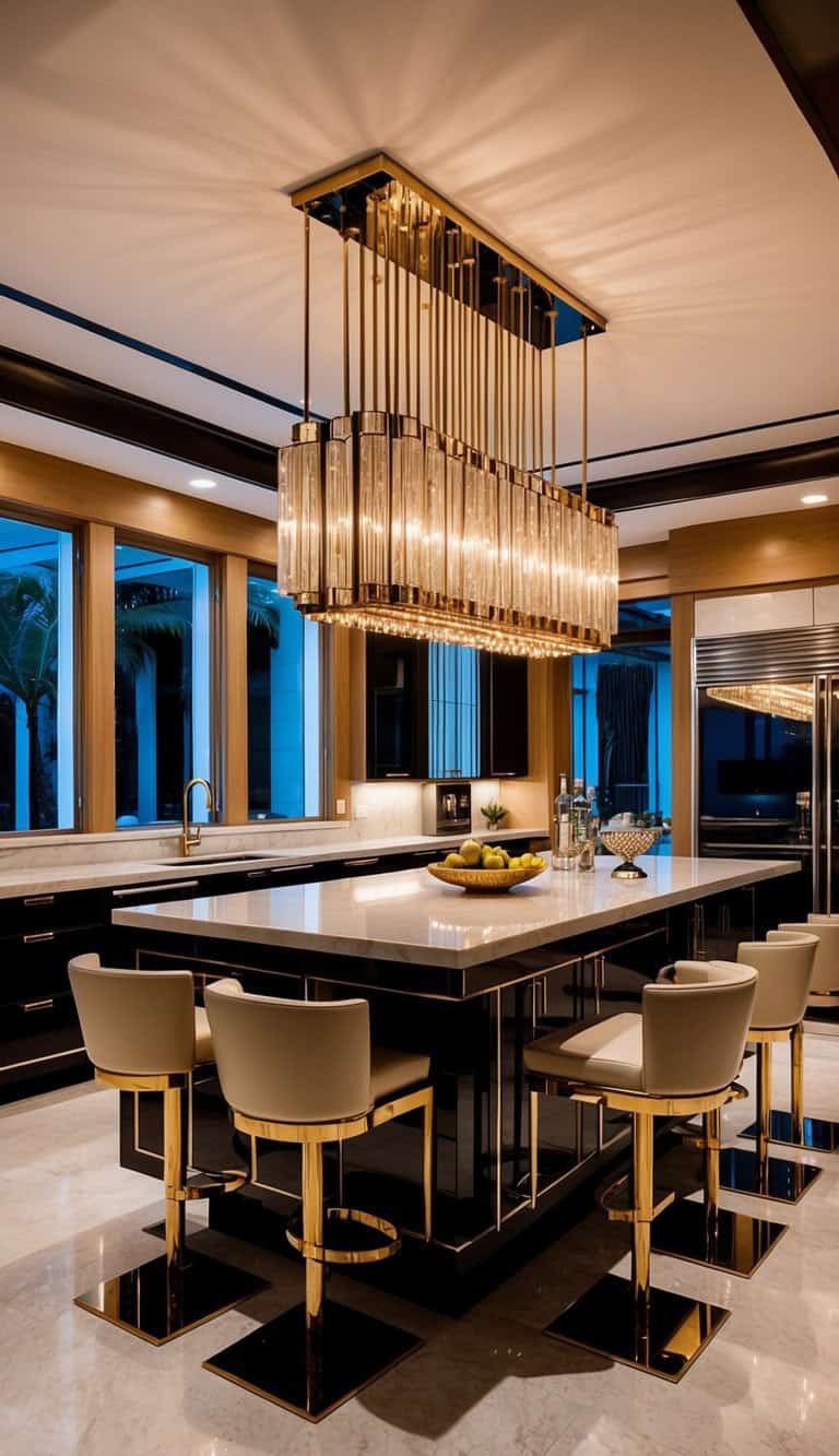 A luxurious kitchen with a large island featuring a marble countertop, surrounded by modern bar stools with gold accents. Above, a large, elegant chandelier with multiple lights hangs from the ceiling. The space includes sleek black cabinetry and large windows with a view of palm trees.