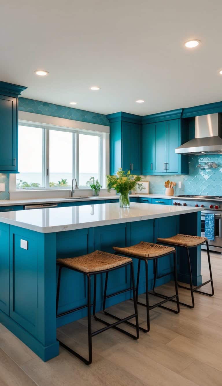 A modern kitchen with bright teal cabinets and a matching island, featuring a white countertop, wicker bar stools, and a stainless steel range hood. The backsplash has a scalloped teal tile design, and a window overlooks a scenic view. A vase with fresh flowers is placed on the island.