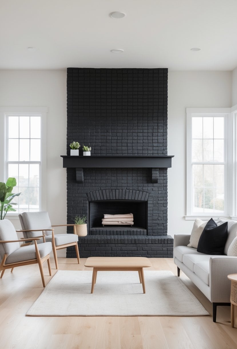 Modern living room with a black brick fireplace at the center, flanked by two large windows. The room features minimalist decor with light-colored furniture, including a gray sofa and a pair of wooden chairs, and a low wooden coffee table on a cream rug.