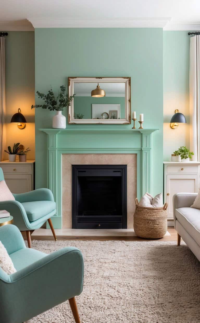 A cozy living room featuring a mint green fireplace with a large mirror above it, flanked by two matching wall sconces. There are light-colored chairs and a sofa, and a woven basket with pillows next to the fireplace. The room has a light-colored carpet and minimal, elegant decor.
