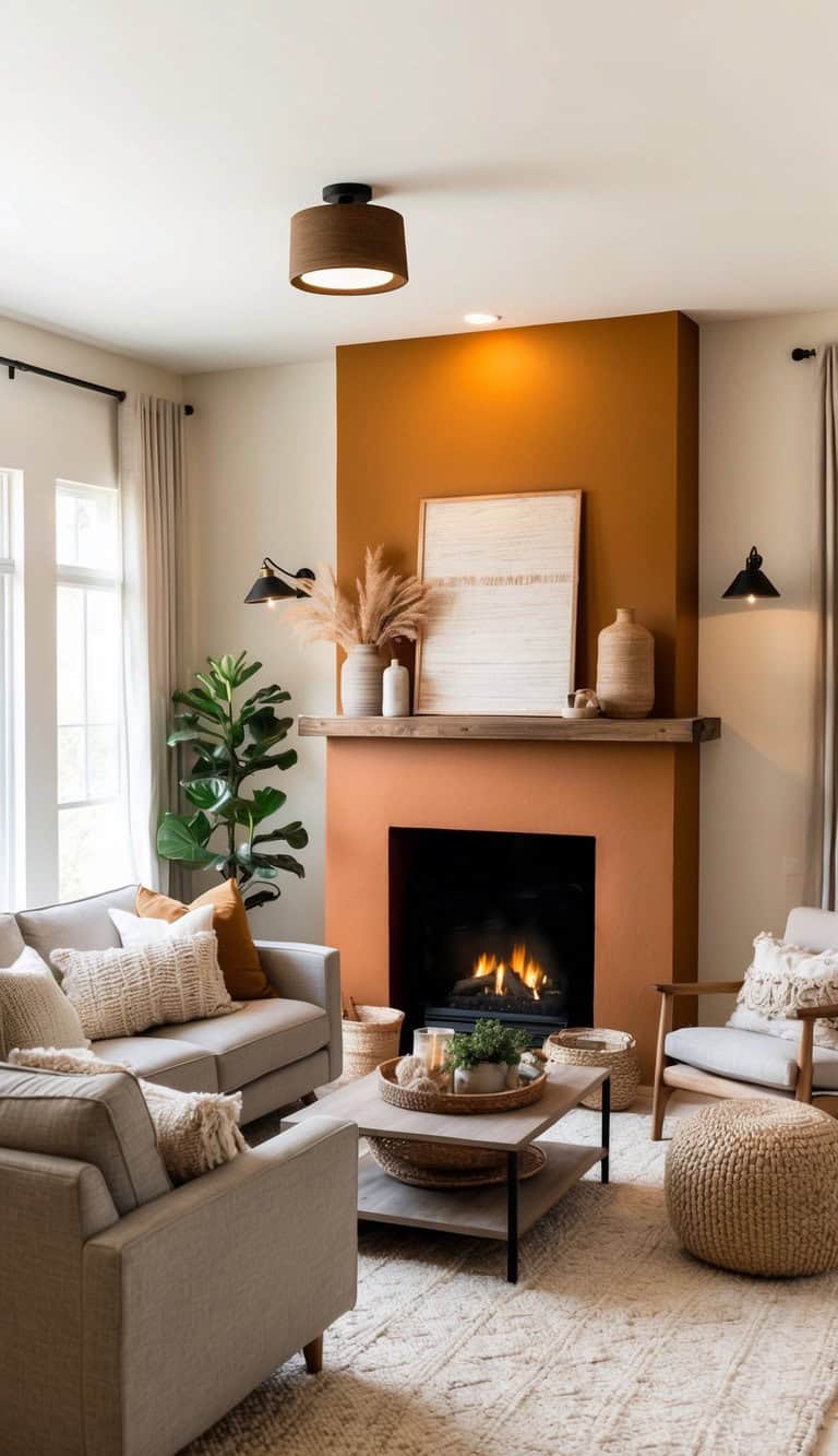 A cozy living room featuring a grey sofa and armchair with cream cushions, a wooden coffee table, and a woven pouf on a textured rug. The room has a warm orange accent wall with a fireplace, decorated with vases and pampas grass. A potted plant is placed near the window on the left.