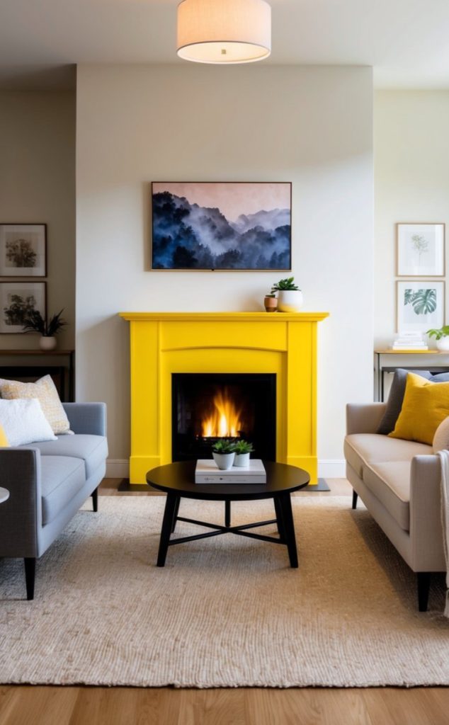 A modern living room features a yellow fireplace with a lit fire, flanked by two gray sofas adorned with yellow and white pillows. A black round coffee table with a small plant is positioned in front, and a landscape painting hangs above the fireplace. The room is accessorized with framed artwork on the walls and a beige textured rug on the floor.