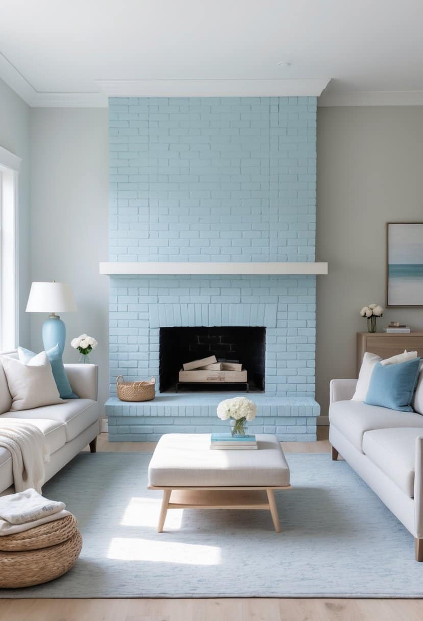 A cozy living room featuring a light blue brick fireplace with a white mantel, surrounded by two beige sofas with blue accent pillows. A plush ottoman serves as a coffee table, topped with books and a vase of white flowers. The room is decorated with a light blue rug, a basket, and minimalistic decor for a serene atmosphere.