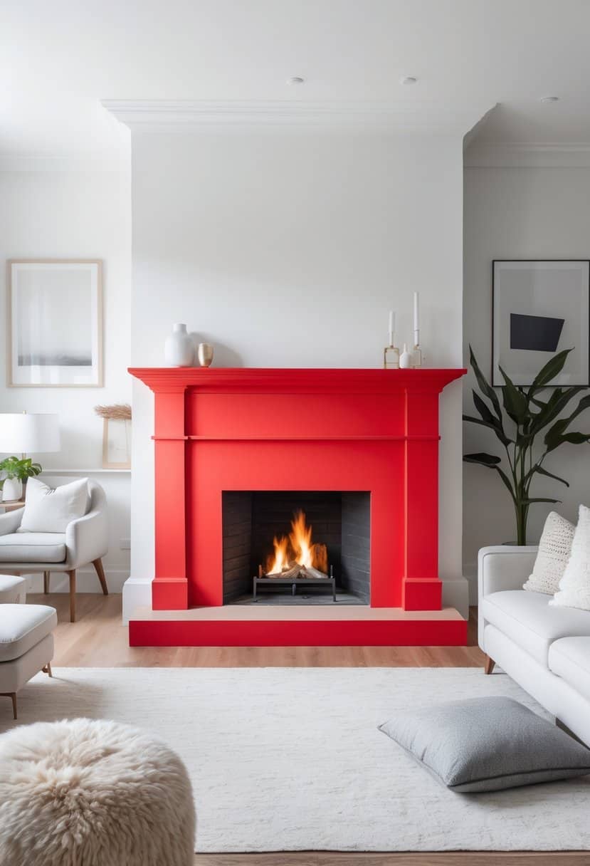 A modern living room featuring a vibrant red fireplace with a lit fire, surrounded by minimalist white and gray furnishings and decor.
