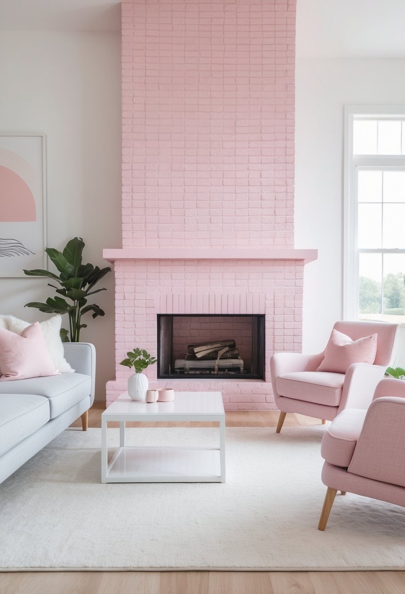 A modern living room with a large pink brick fireplace as the focal point. The room features pastel-colored furniture, including a light gray sofa, a white coffee table, and two pink armchairs. A potted plant is placed beside the sofa, and a framed abstract art piece hangs on the wall. The floor is covered with a light area rug.