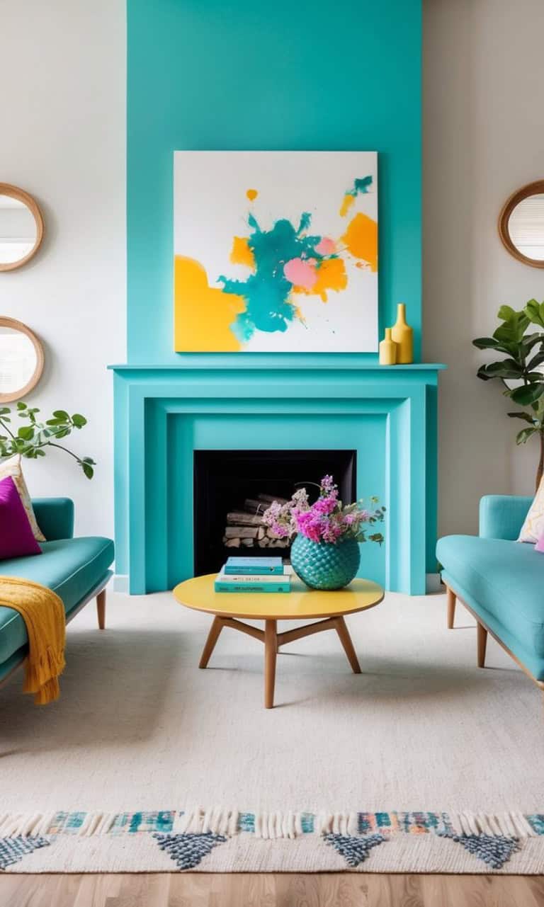 A brightly colored living room with a teal fireplace, a large abstract painting above it featuring blue, yellow, and pink splashes, teal sofas, a round yellow coffee table, and various plants and decorations creating a cheerful, vibrant atmosphere.