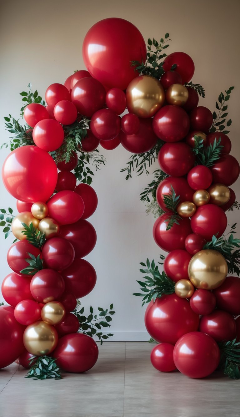 A decorative balloon arch made of red and gold balloons, adorned with green foliage, set against a plain indoor background.
