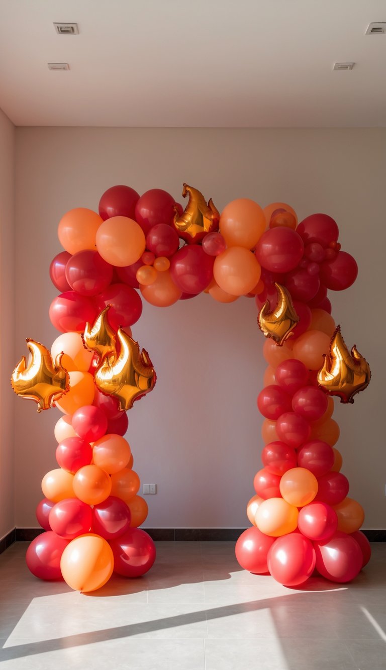 A balloon arch made of red and orange balloons, accented with gold flame-shaped balloons, stands in a well-lit room.