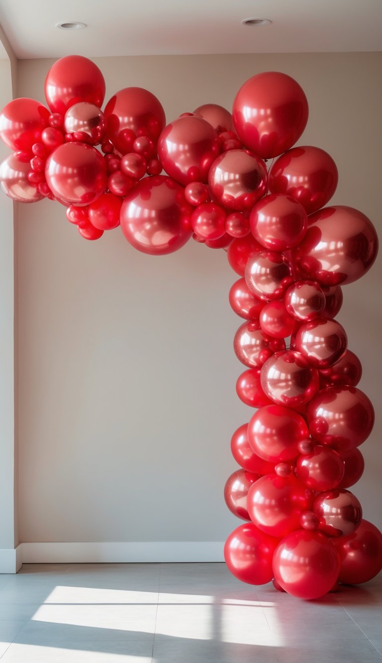 A decorative balloon arch made of clusters of glossy red balloons arranged in a curved shape against a beige wall in a room with a tiled floor.