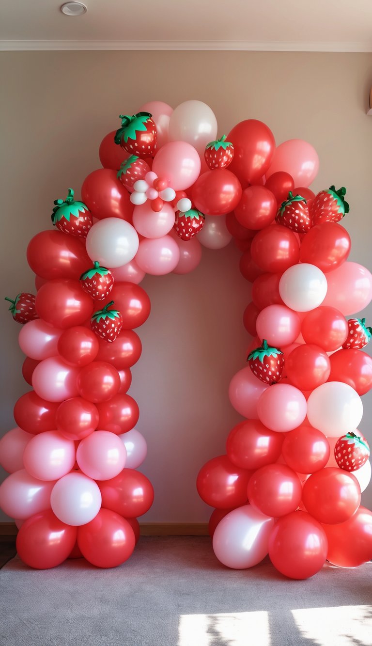 An arch made of red and pink balloons with strawberry-shaped balloons decorated on it.