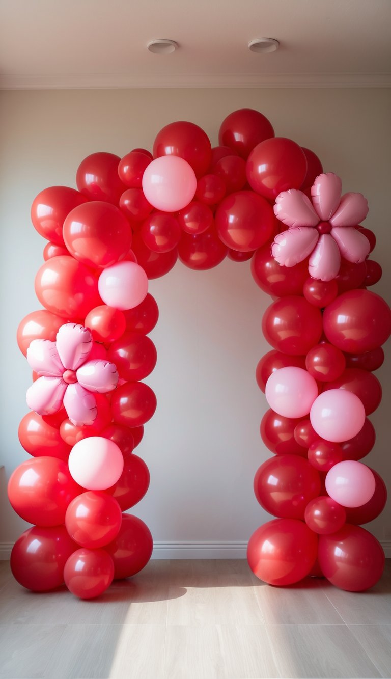 A decorative arch made of red and pink balloons, with flower-shaped balloon clusters, positioned in a well-lit room with a wooden floor.